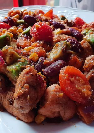A picture of Mexican Honey-Lime Chicken Sweet Potato and Red Bean skillet.