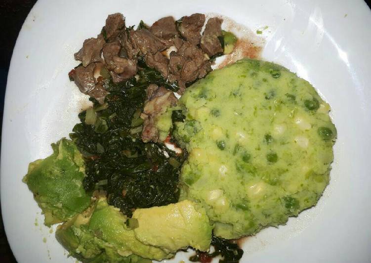 Mukimo served with goat fry and veges