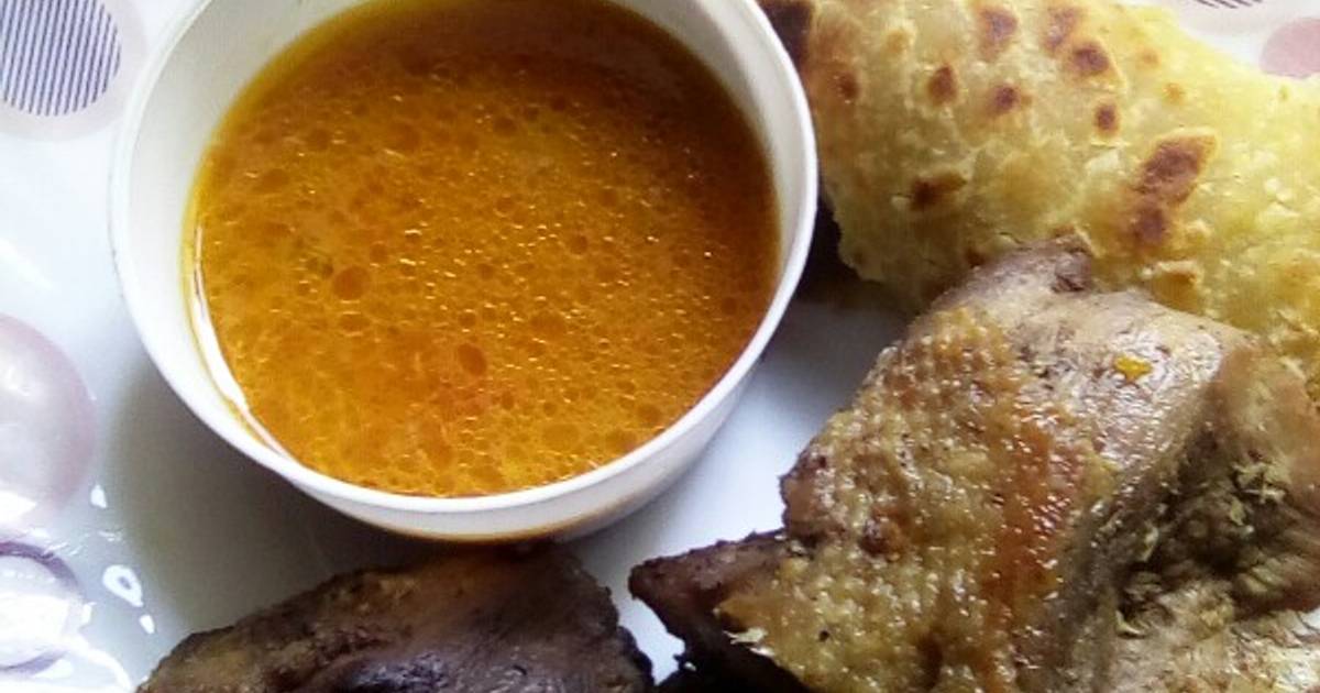 Deep fried duck served with soup and chapati Recipe by Vivian