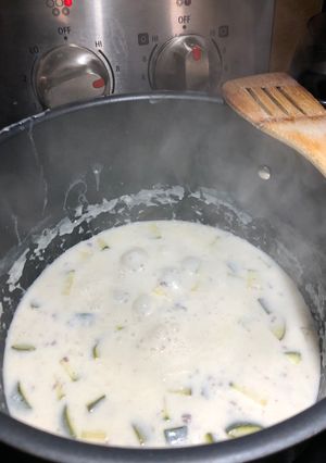 A picture of Coosa b’laban (zucchini and yogurt).