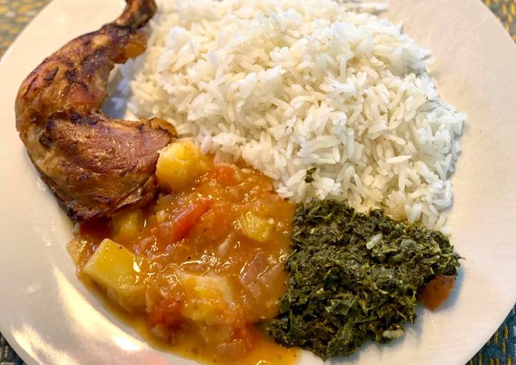 Simple Way to Prepare Perfect Cassava leaves, potato &amp; tomato sauce and grilled Chicken