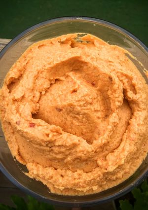 A picture of Michael's Roasted Red Pepper Hummus with a Kick.