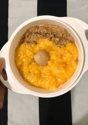 Foto resep Mpasi 9 bulan(Nasi, kabocha, telur puyuh, ayam kecap)