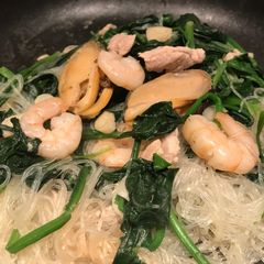 Super Healthy Cellophane noodles with shrimps mussels pork fried vegetables A picture of Super Healthy Cellophane noodles with shrimps mussels pork fried vegetables.