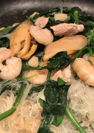 A picture of Super Healthy Cellophane noodles with shrimps mussels pork fried vegetables.