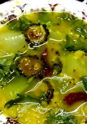 A picture of Tetor dal (lentils cooked with bitter gourd and bottle gourd).