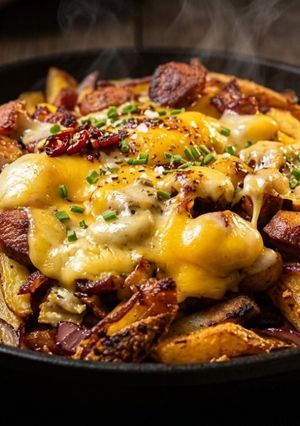 Virslis paradicsomos, cheddar sajtos, zsírban-vajban sült krumpli, a kedvenc 15 perces esti snacked recept fotója