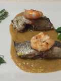 Sargo con crema de Mejillones y Langostinos