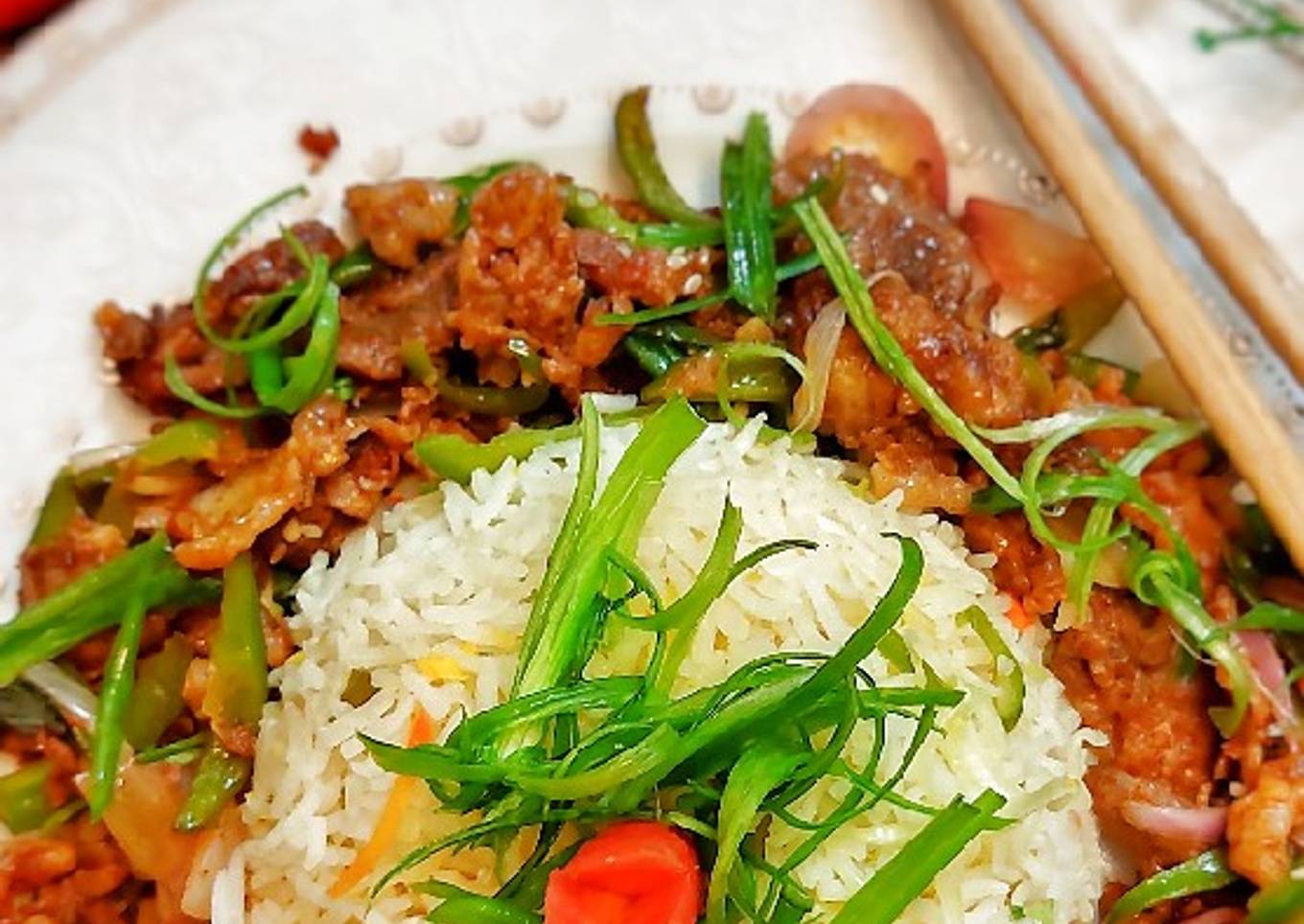Beef chilli with vegetables fried rice