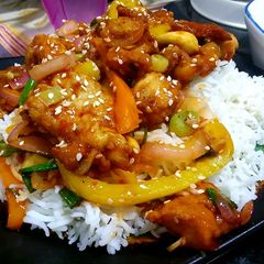 A picture of Dragon chicken and veggies.