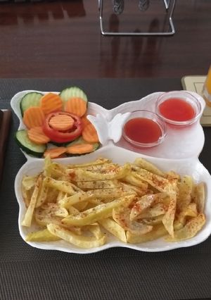 A picture of Home made french fries with salads #All star recipe contest.