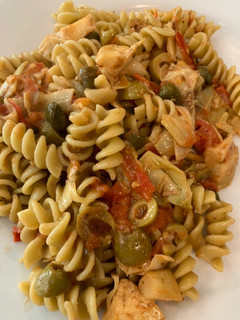 A picture of Veggie Pasta w/Capers and Artichokes.