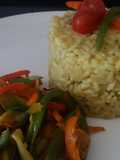 Risotto a la milanese a mi manera con panceta y verduras saltadas