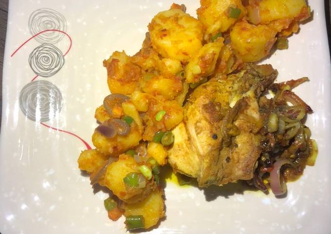 Stir fry potato with grilled chicken