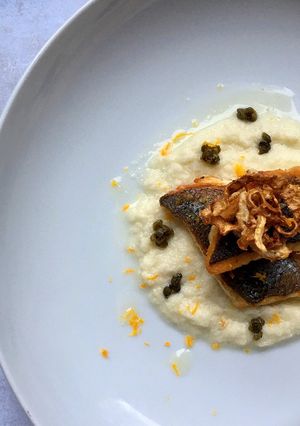 A picture of Pan seared seabass fillet on fennel puree with fennel crisps and crispy capers.