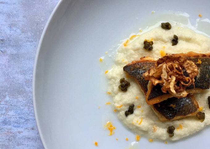 Recipe of Jamie Oliver Pan seared seabass fillet on fennel puree with fennel crisps and crispy capers