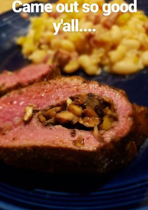 A picture of Mushroom, Garlic, and Onion Stuffed Venison Backstrap.
