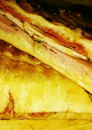 A picture of Tex's Ham, Turkey, Swiss, and Chorizo Panini 🐷🦃🧀🍞.