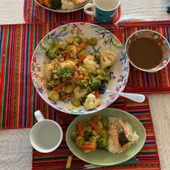 A picture of Japanese-inspired steamed vegetables and baked salmon with a miso-soy-mirin-garlic-ginger sauce.