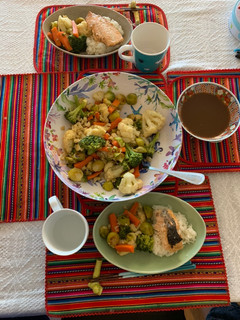 A picture of Japanese-inspired steamed vegetables and baked salmon with a miso-soy-mirin-garlic-ginger sauce.