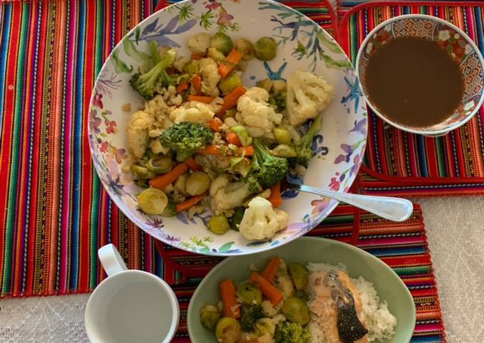 Japanese-inspired steamed vegetables and baked salmon with a miso-soy-mirin-garlic-ginger sauce