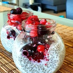 A picture of Chia pudding: Forrest fruit & coconut 🍇🍓🥥.