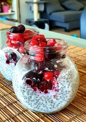 A picture of Chia pudding: Forrest fruit & coconut 🍇🍓🥥.