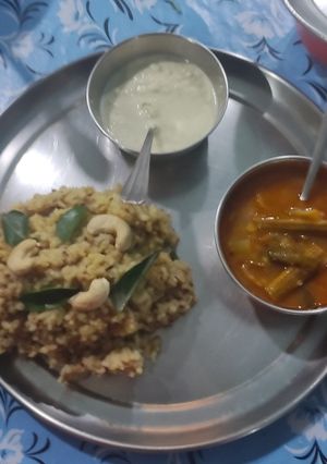 A picture of Samai Pongal with narial chutney and Sambar.