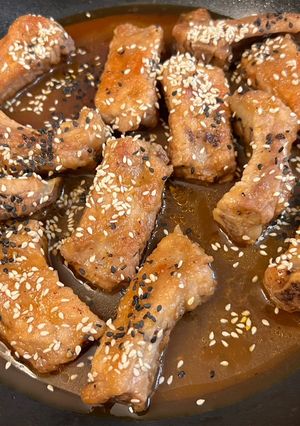 A picture of Our Saturday night honey black pepper ribs.