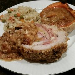 A picture of Brad's brie and ham stuffed pork loin with twice baked squash.