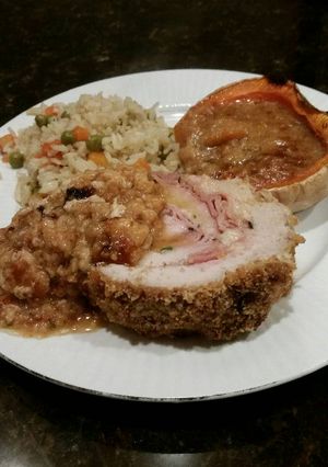 A picture of Brad's brie and ham stuffed pork loin with twice baked squash.
