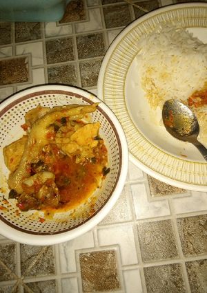 A picture of White rice and chicken pepper soup.