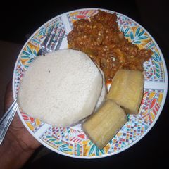 A picture of Boiled plantain n yam with garden egg sauce.