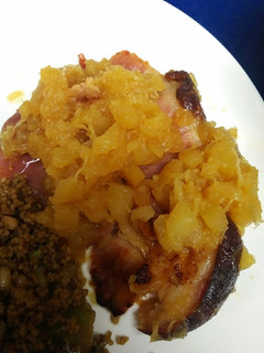 A picture of Fried Ham steaks with Crushed Pineapple.