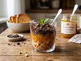 Fette biscottate sbriciolate,marmellata di arancia, scaglie di cioccolato fondente e menta