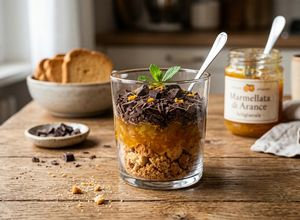 Foto di Fette biscottate sbriciolate,marmellata di arancia, scaglie di cioccolato fondente e menta