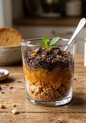 Foto di Fette biscottate sbriciolate,marmallata di arancia, scaglie di cioccolato fondente e menta