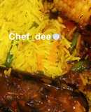 Indian fried rice with corn nd fish soup