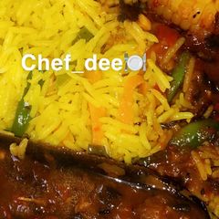 Indian fried rice with corn nd fish soup A picture of Indian fried rice with corn nd fish soup.