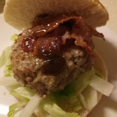 Homemade sage & onion pork burger with bacon and HP brown sauce A picture of Homemade sage & onion pork burger with bacon and HP brown sauce.