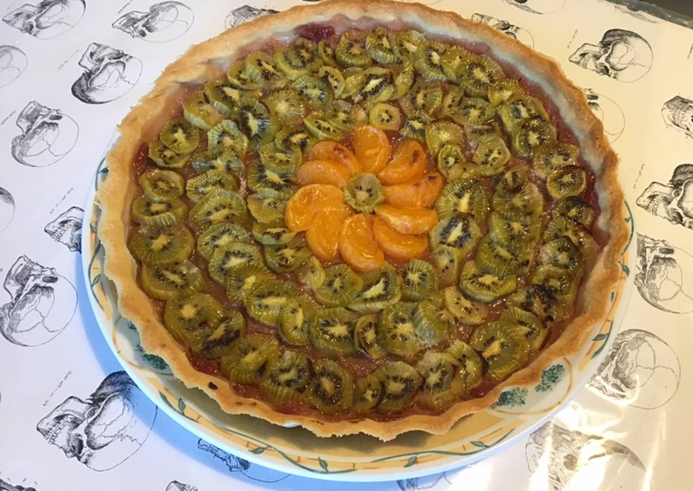 Tarte aux kiwis, mandarine, pêches et rhubarbe (pâte brisée sucrée à l'huile de tournesol)