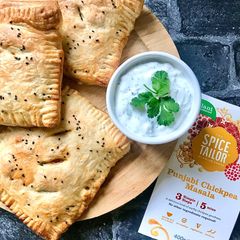 A picture of Vegetarian Aubergine & Chickpea Masala Pies with Cucumber and Mint Dip 🌱 (plant based swaps).