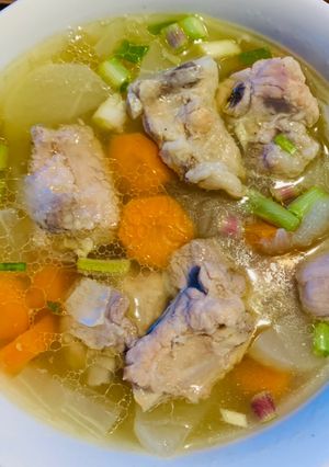 A picture of Pork Rib Soup with Daikon and Carrots.