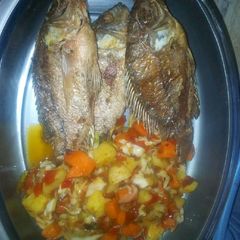 A picture of Fish and sauce.