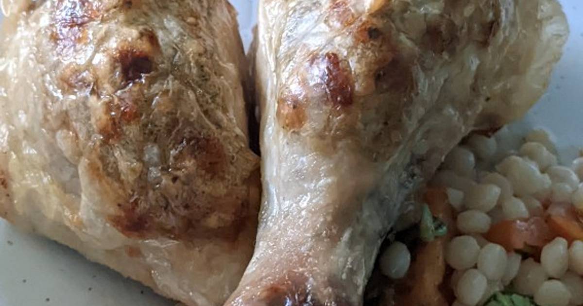 Stuffed chicken drumsticks with giant couscous salad Recipe by Emma