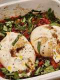 Baked Burrata with Roasted Tomatoes,Olive Oil and White Wine Vinegar
