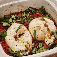 Baked Burrata with Roasted Tomatoes,Olive Oil and White Wine Vinegar A picture of Baked Burrata with Roasted Tomatoes,Olive Oil and White Wine Vinegar.