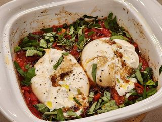 Baked Burrata with Roasted Tomatoes,Olive Oil and White Wine Vinegar