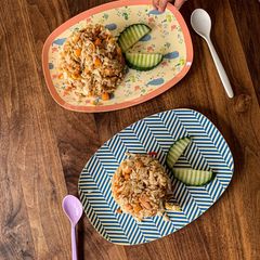 A picture of Fried rice with garlic and Salmon [kids menu].
