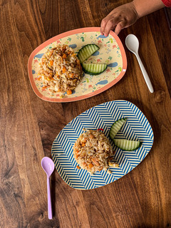 A picture of Fried rice with garlic and Salmon [kids menu].